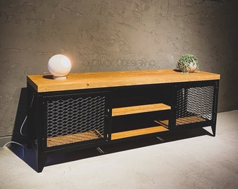 Solid Wood & Metal Mesh TV Stand | Modern Industrial Media Console