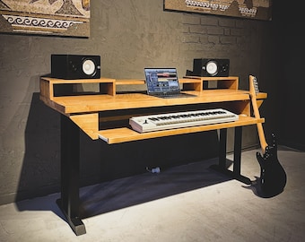 Wood Music Studio Desk with Keyboard Tray, Music Production Desk, Music Wood Studio Desk with Monitor Riser, Home Studio Recording Desk