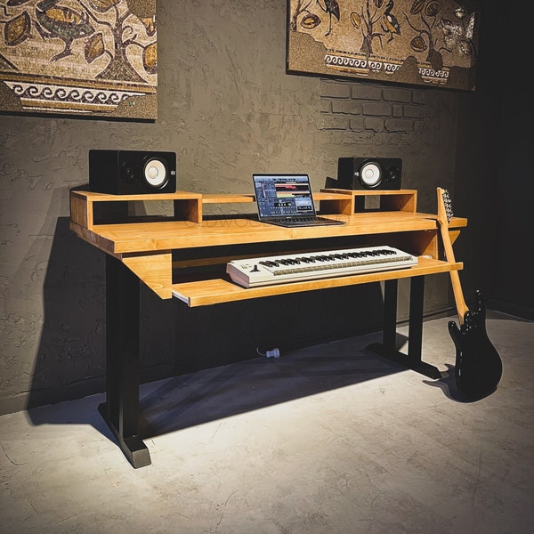 Wood Music Studio Desk with Keyboard Tray, Music Production Desk, Music Wood Studio Desk with Monitor Riser, Home Studio Recording Desk