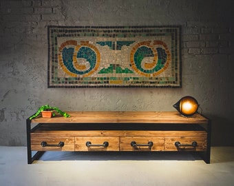 Industrial Chic Wood & Pipe TV Stand | Handcrafted Media Unit with Iron Pipe Handles