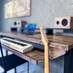 Wood Music Studio Desk with Keyboard Tray, Music Production Desk, Music Wood Studio Desk with Monitor Riser, Home Studio Recording Desk