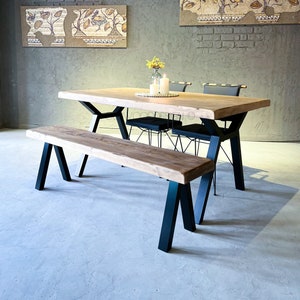 Live Edge Natural Wood Dining Table with Matching Bench - Black Metal Legs