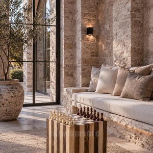 May include: A square wooden chess table featuring alternating vertical stripes of light and dark wood, topped with a classic checkered board and a full set of light and dark chess pieces. The text OLDWOODDESIGN is visible on the side of the table.