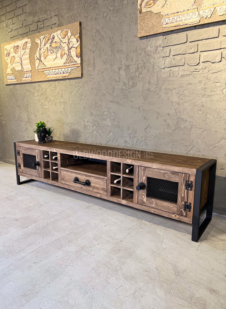 Wood TV Stand With Wine Rack: Industrial Farmhouse Media Console - Etsy
