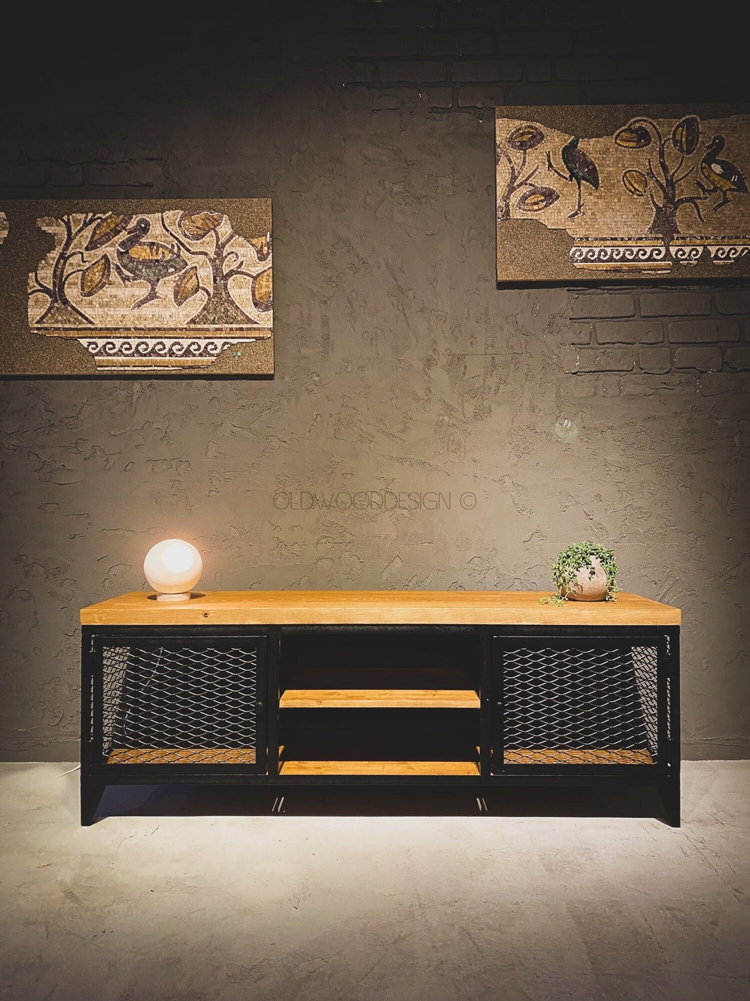 Solid Wood and Metal Tv Unit, Loft Style Tv Table, Natural Wooden and Steel Media Console