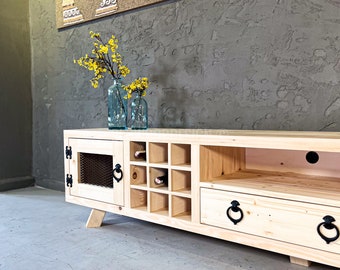 Scandi Wood TV Stand | Iron Accents & Wine Storage | Mesh Cabinet Doors