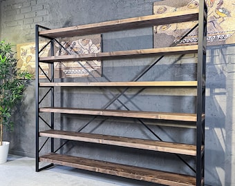 Solid Pine Wood Industrial Bookshelf, Metal Farmhouse Shelving Unit, Rustic Loft Storage