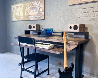 Wood Music Studio Desk with Keyboard Tray Monitor Riser