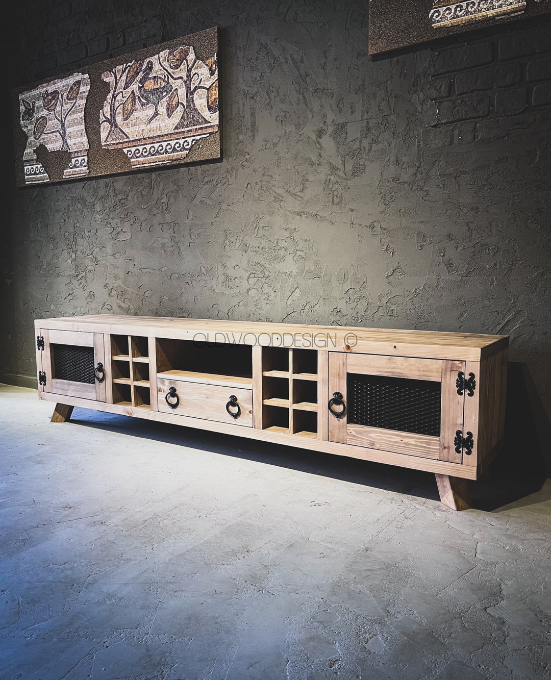 Minimalist Light Wood TV Stand Iron Accents & Wine Storage Modern Media