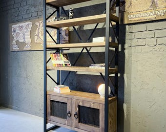Solid Pine Wood Bookshelf, Industrial Metal Frame Bookcase, Farmhouse Storage Shelf