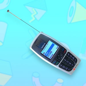 May include: A silver Nokia cell phone with a black screen displaying a phone call in progress. The phone has a keypad, a Sprint logo, and an antenna. The background is a light blue gradient with geometric shapes.