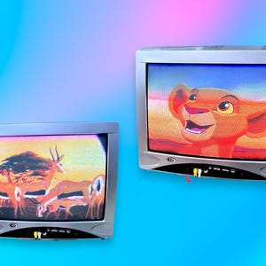 May include: Two silver CRT televisions showing animated scenes. One displays a lion cub, the other shows gazelles in a savanna setting. The screens are set against a gradient blue and pink background.