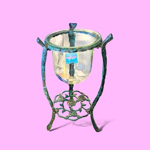 Vintage Iron Plant Stand with Glass Globe: Rose Design, 3ft Tall