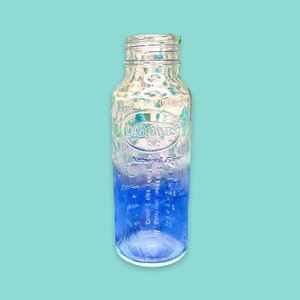 Vintage Tall Glass Baby Milk Bottle with measurements.