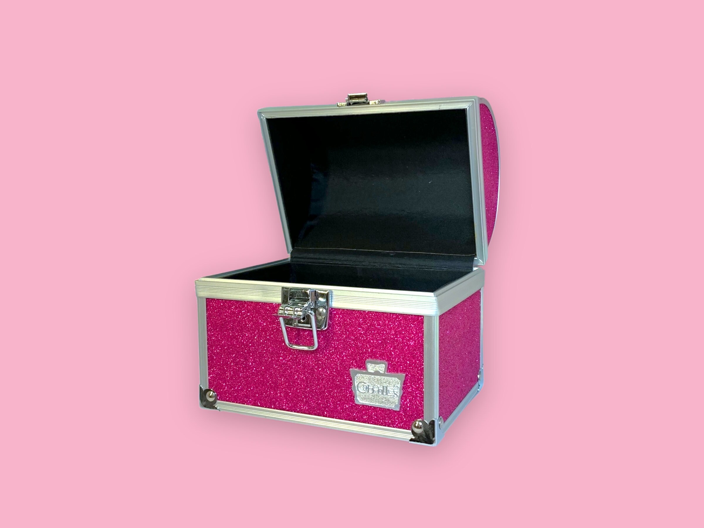 Hot Pink Glitter Caboodles Makeup Case Metal Edging Train Case Black  Interior