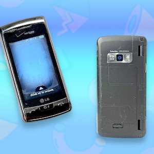 May include: Two black mobile phones on a blue background. One is an LG with a Verizon logo and the screen displays "Slide up to unlock." The other is black with a camera and the text "Schneider-KREUZNACH."