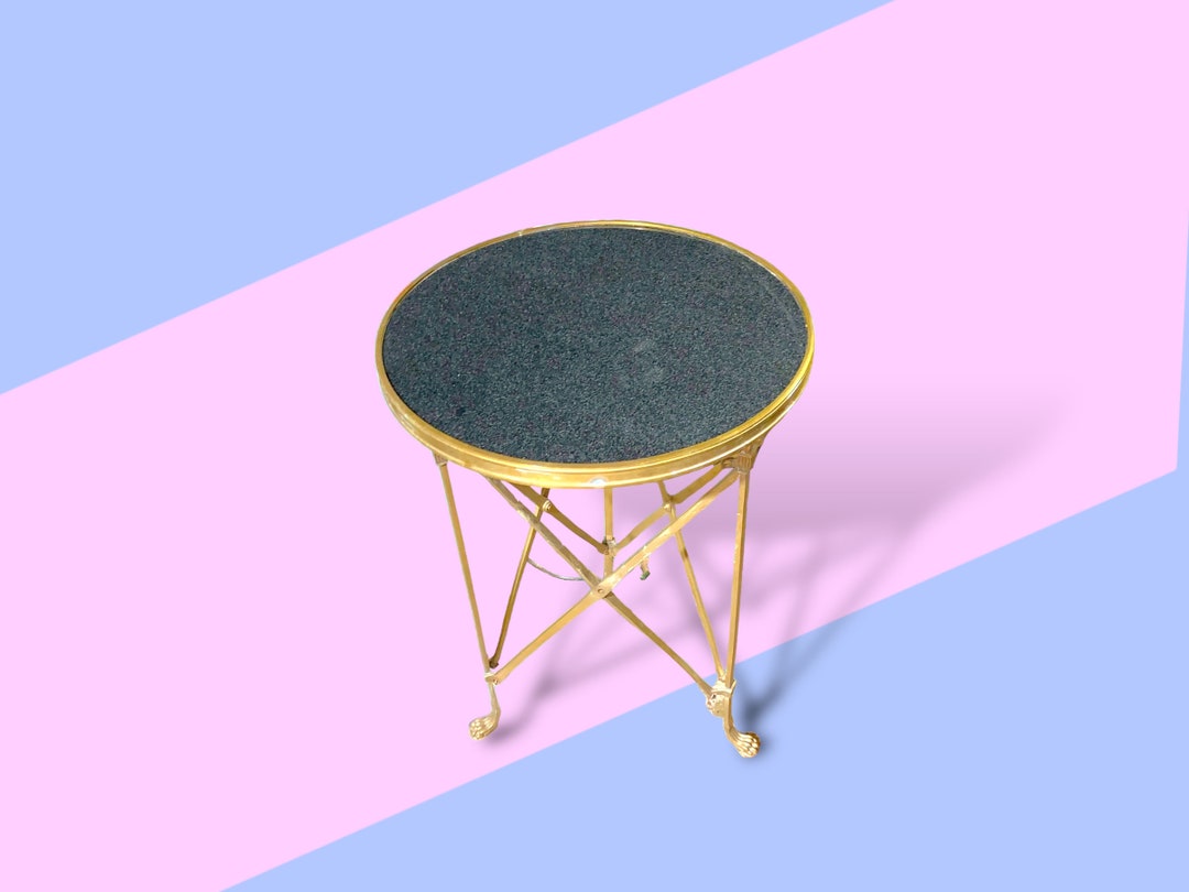 Vintage Side Table Solid Gold Brass & Marble Stone Top French Style