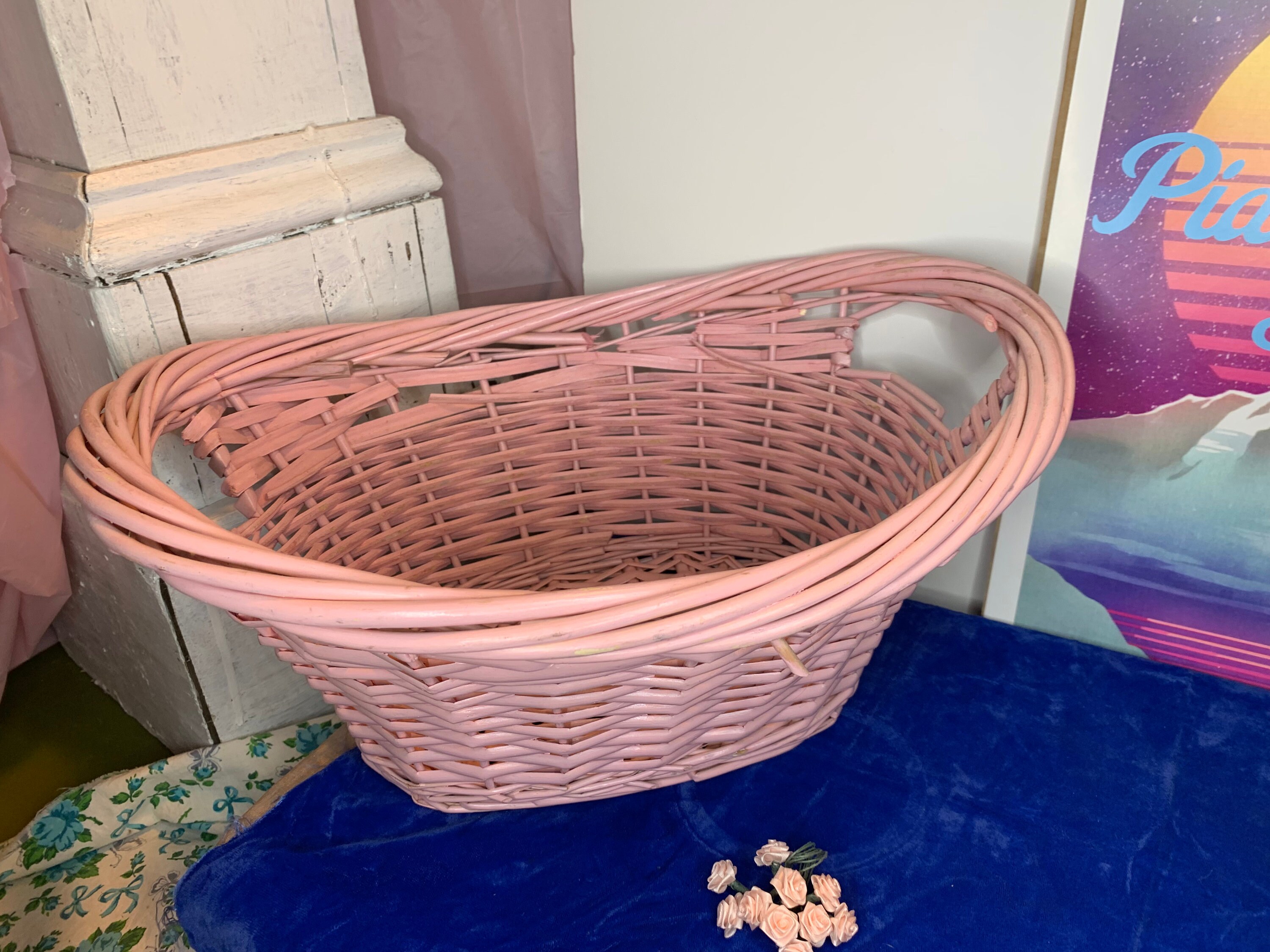 Vintage Light Pink Wicker Basket Etsy