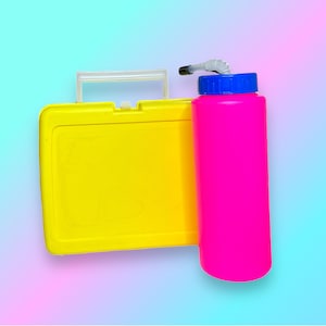 May include: A bright yellow lunchbox with a clear handle sits next to a vibrant pink water bottle with a blue cap. The water bottle has a gray spout. The background is a gradient of blue, pink, and purple.