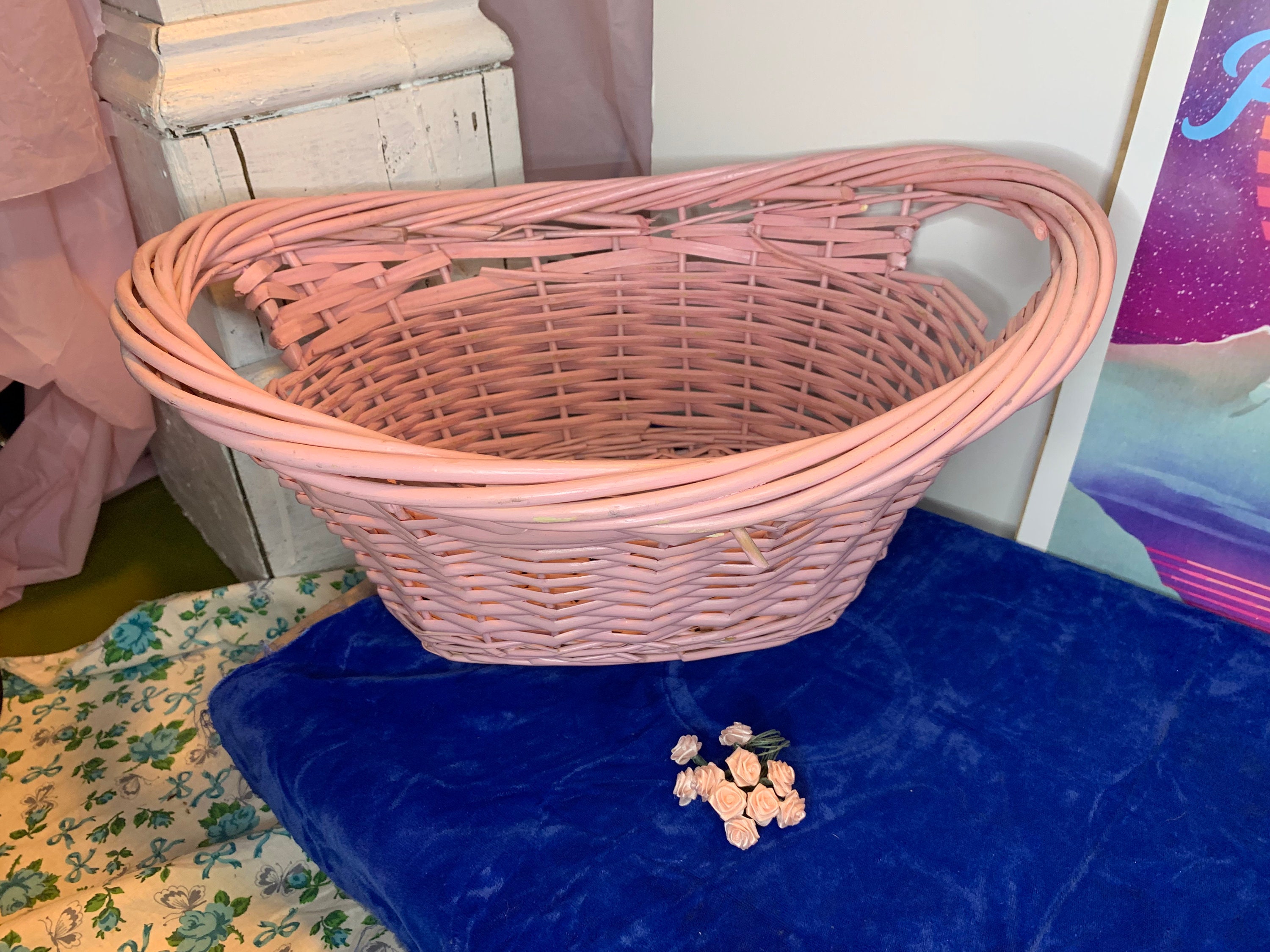 Vintage Light Pink Wicker Basket Etsy