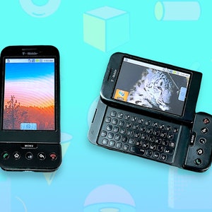 May include: Two black smartphones with screens displaying images. One is upright, the other has a slide-out keyboard. Both phones have the T-Mobile logo. The background is a light blue with geometric shapes.