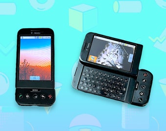 May include: Two black smartphones with screens displaying images. One is upright, the other has a slide-out keyboard. Both phones have the T-Mobile logo. The background is a light blue with geometric shapes.