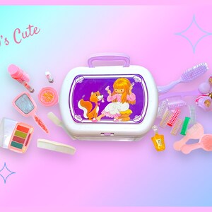 May include: A vintage 90's toy makeup kit with a white case and purple accents. The case features a cartoon girl and squirrel. The set includes a mirror, brushes, combs, and makeup. The text "90's Cute" is visible.