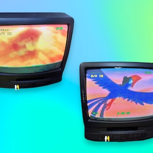 以下が含まれることがあります： ビデオデッキ内蔵の黒いブラウン管テレビ2台。画面にはA/V IN、STOP、SLPなどのテキストが表示されたカラフルなアニメーションシーンが映し出されています。各ユニットの前面パネルには、白と黄色の入力ポートが備わっています。