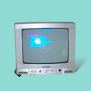 May include: A silver Truetech television set with a screen displaying a TV setup menu in blue text. The screen shows options like "Picture" and "V-Chip Setup". The TV has a rectangular shape and a light blue background.