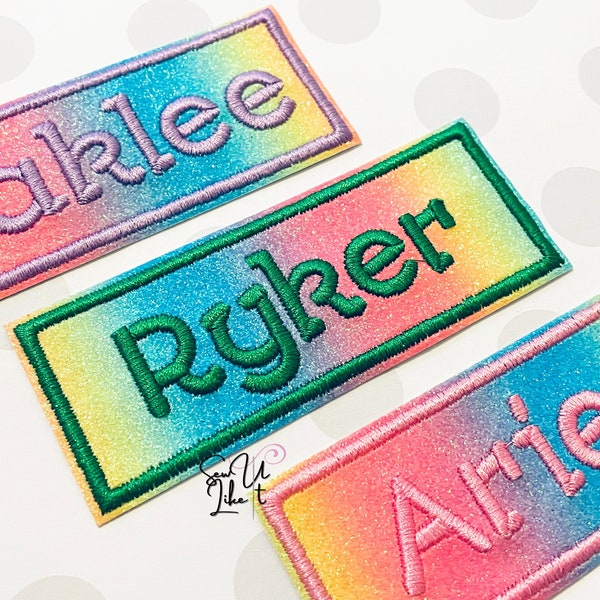Personalised Rainbow Glitter Embroidered Name Patch, Iron on patch, Sew on patch, Custom name badge, back to school, school bag name patch