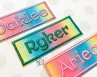 Personalised Rainbow Glitter Embroidered Name Patch, Iron on patch, Sew on patch, Custom name badge, back to school, school bag name patch