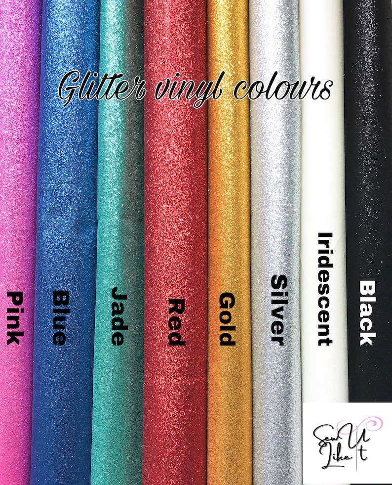 May include: Glitter vinyl colors in pink, blue, jade, red, gold, silver, iridescent, and black. The text "Glitter vinyl colors" is at the top of the image.
