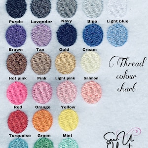 May include: A thread color chart with 20 different colors, including black, white, red, blue, green, yellow, orange, pink, purple, brown, grey, turquoise, gold, silver, lavender, tan, cream, light pink, hot pink, and mint. The chart is labeled "Thread colour chart" and has the text "Sew U Like It" at the bottom.