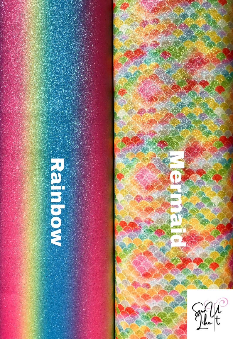 May include: Two rolls of glitter fabric, one with a rainbow gradient and the other with a mermaid scale pattern. The fabric is labeled "Rainbow" and "Mermaid".
