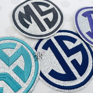 Monograma personalizado Plata Glitter Círculo Monograma grabado Parche bordado inicial, Hierro en parche, Coser en hierro en insignia, regreso a la escuela