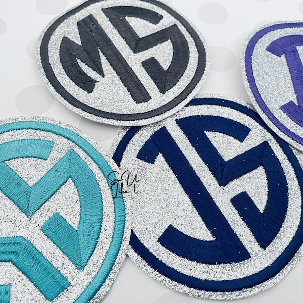 Personalised Monogram Silver Glitter Circle Engraved Monogram Initial Embroidered Patch, Iron on patch, Sew on Iron on badge, back to school