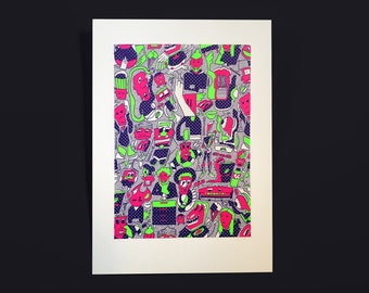 Può includere: Una stampa artistica incorniciata con un'illustrazione dettagliata. L'opera presenta numerose figure e oggetti dei cartoni animati in verde neon, rosa e blu su uno sfondo grigio a pois. La stampa è incorniciata da un bordo bianco.