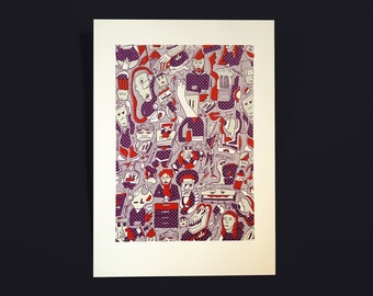 Può includere: Una stampa artistica astratta con un motivo fitto di figure e oggetti simili a cartoni animati in rosso, viola e bianco. L'opera d'arte ha un'estetica disegnata a mano, con una varietà di personaggi e forme che riempiono la cornice. La stampa è su sfondo bianco.