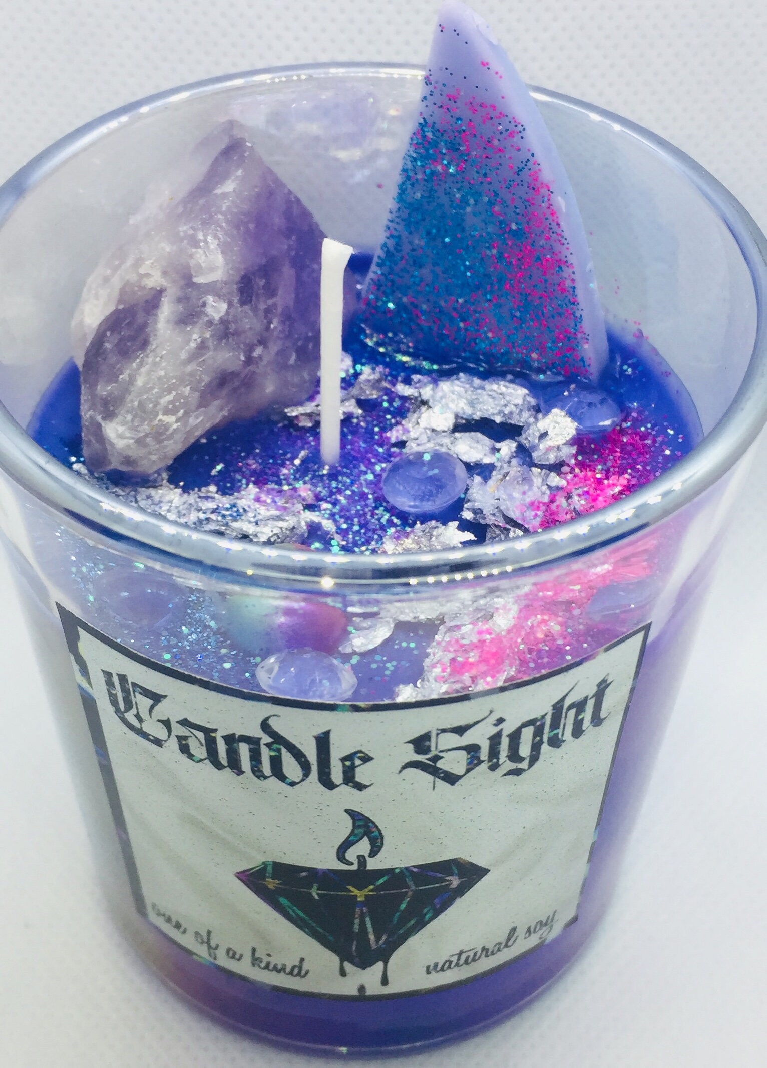 Cotton Candy Galaxy Amethyst Crystal candle in reusable glass Etsy