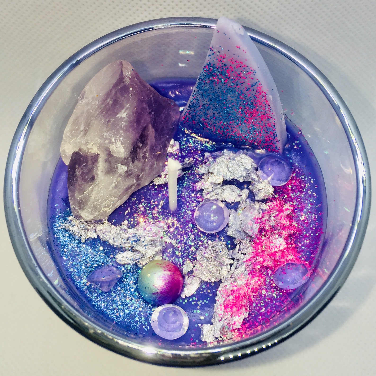 Cotton Candy Galaxy, Amethyst Crystal Candle in Reusable Glass Jar