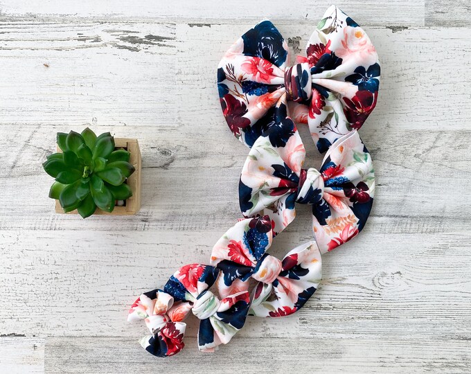 Navy and Burgundy Floral Bow