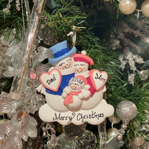 Snowman Family With New Baby Girl/Blue Ornament