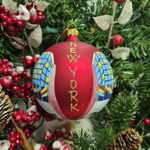 Rockefeller Tree with Flags New York City Hand Painted Red Glass Ball