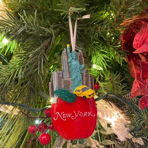 New York City And Taxi On Top Of Red Apple Personalize Christmas Ornament