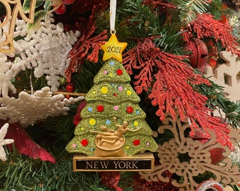 Rockefeller Tree With Green Glitters Personalized Christmas Ornament