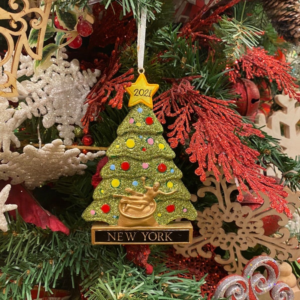 Rockefeller Tree With Green Glitters Personalized Christmas Ornament