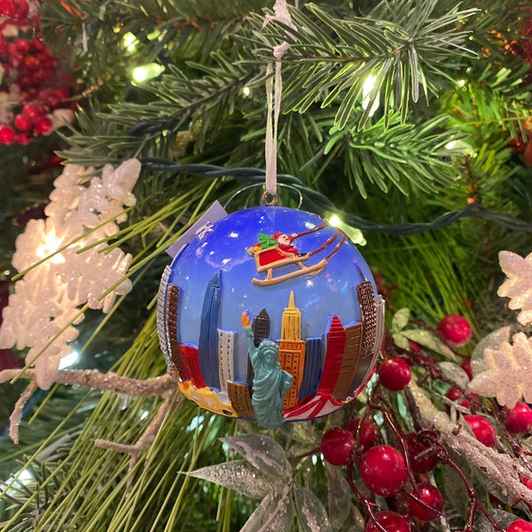 3D Nyc Blue  Ball With City Buildings Christmas Ornament