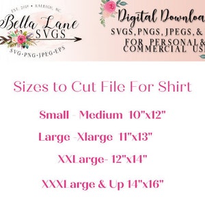Peut inclure: Graphique de t&eacute;l&eacute;chargement num&eacute;rique avec le texte "Bella Lane SVGS" et "Digital Downloads". Comprend des tailles pour les fichiers de d&eacute;coupe pour chemises, allant de 25,4 cm x 30,5 cm &agrave; 35,6 cm x 40,6 cm. Le design est pour un usage personnel et commercial.