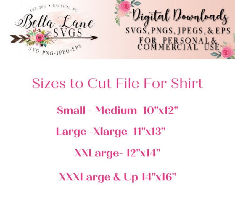 Peut inclure: Graphique de t&eacute;l&eacute;chargement num&eacute;rique avec le texte "Bella Lane SVGS" et "Digital Downloads". Comprend des tailles pour les fichiers de d&eacute;coupe pour chemises, allant de 25,4 cm x 30,5 cm &agrave; 35,6 cm x 40,6 cm. Le design est pour un usage personnel et commercial.