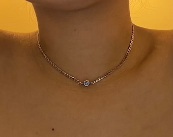 Birthstone Choker Necklace, Cuban Chain Necklace, Choker Necklace